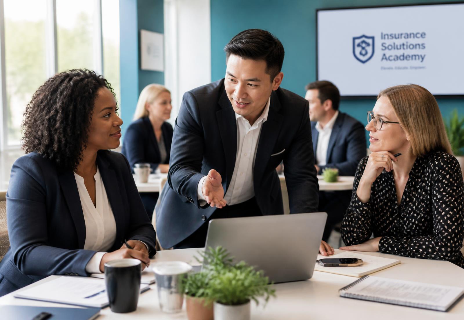 Medicare insurance agents collaborating during a professional training session